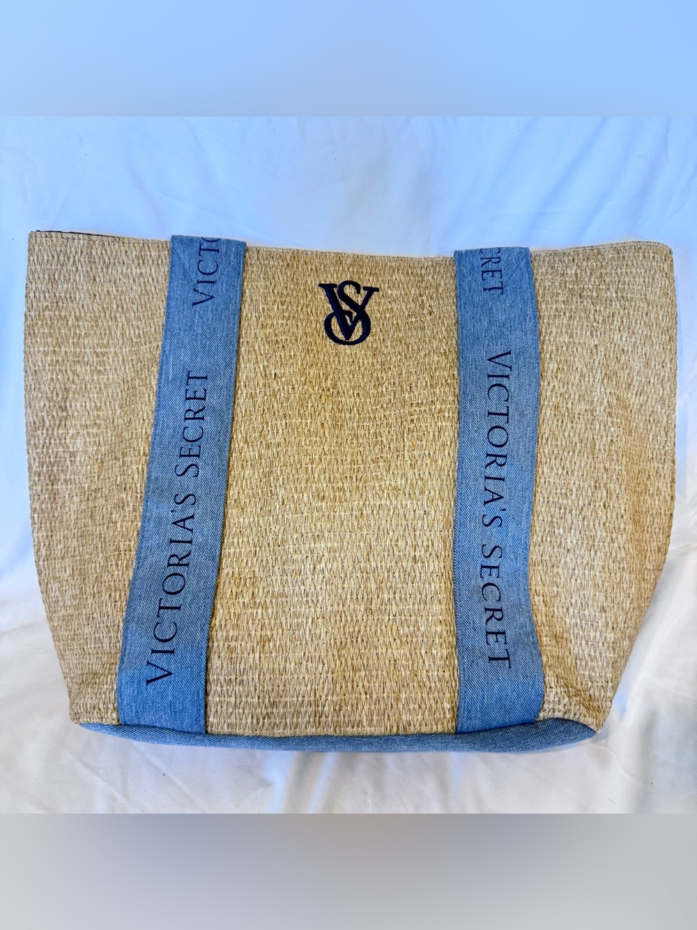 Victoria's Secret Straw Beach Tote Bag Woven With Blue Handles and Monogram VS